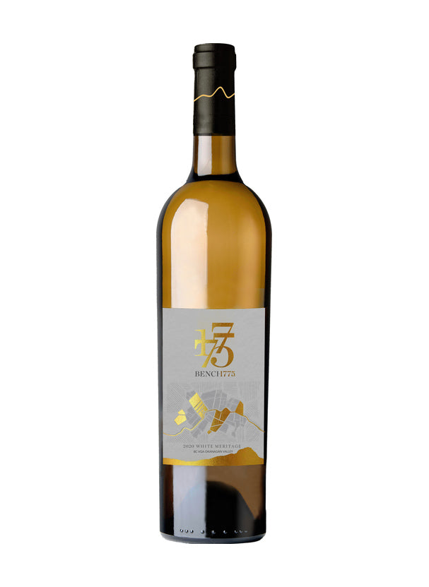 벤치 1775 화이트 메리티지 2020 750ml, 회색과 금색 라벨의 캐나다 BC 오카나간 화이트 와인 병