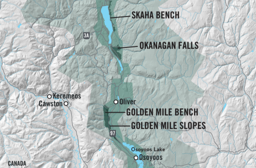캐나다 오카나간 밸리 골든 마일 벤치 와인 지역 지도