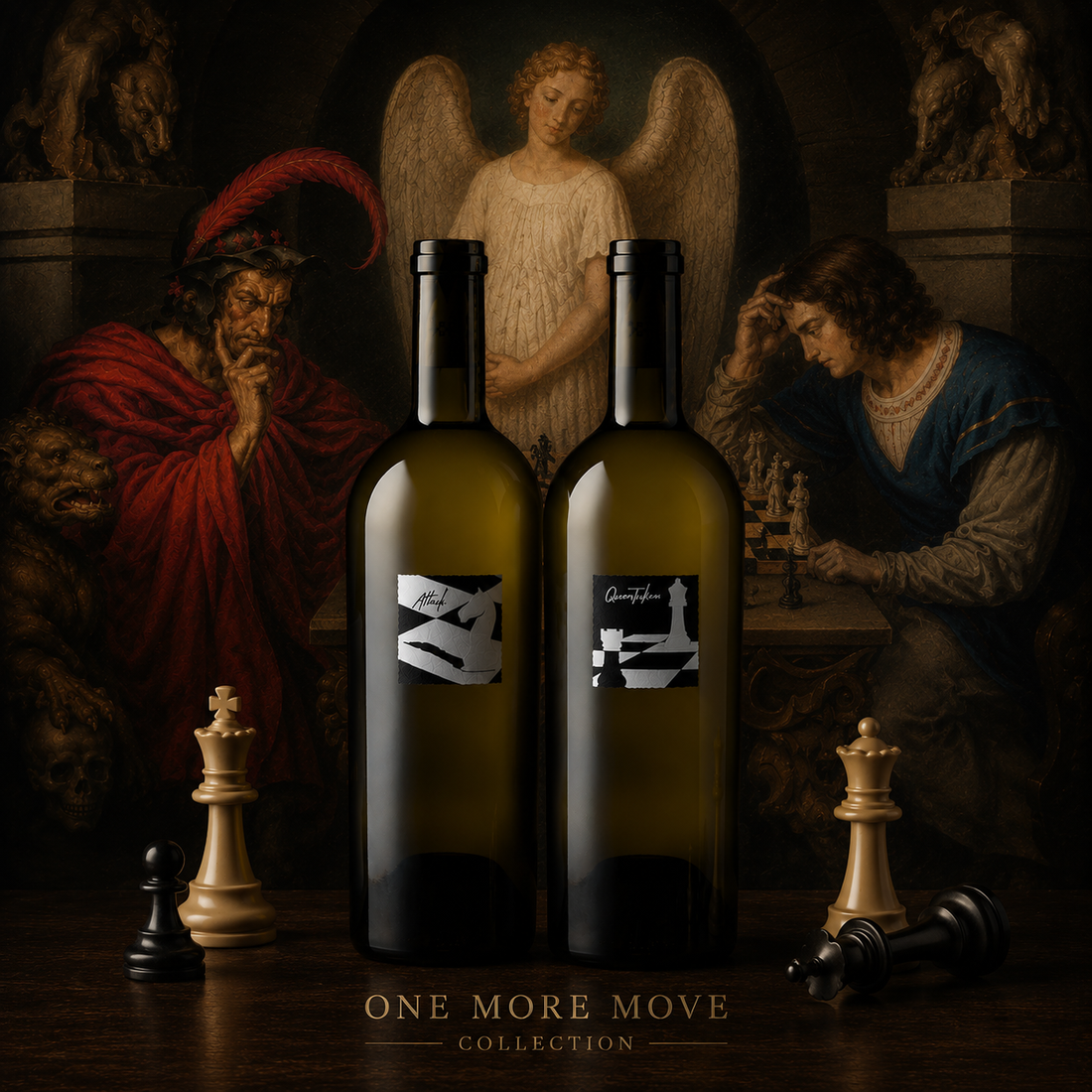 One More Move Collection featuring CheckMate Queen Taken and Attack Chardonnay wines with the famous Checkmate chess painting backdrop