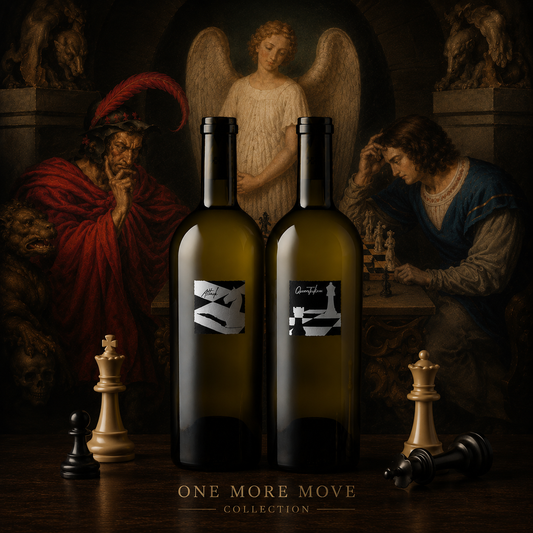 One More Move Collection featuring CheckMate Queen Taken and Attack Chardonnay wines with the famous Checkmate chess painting backdrop