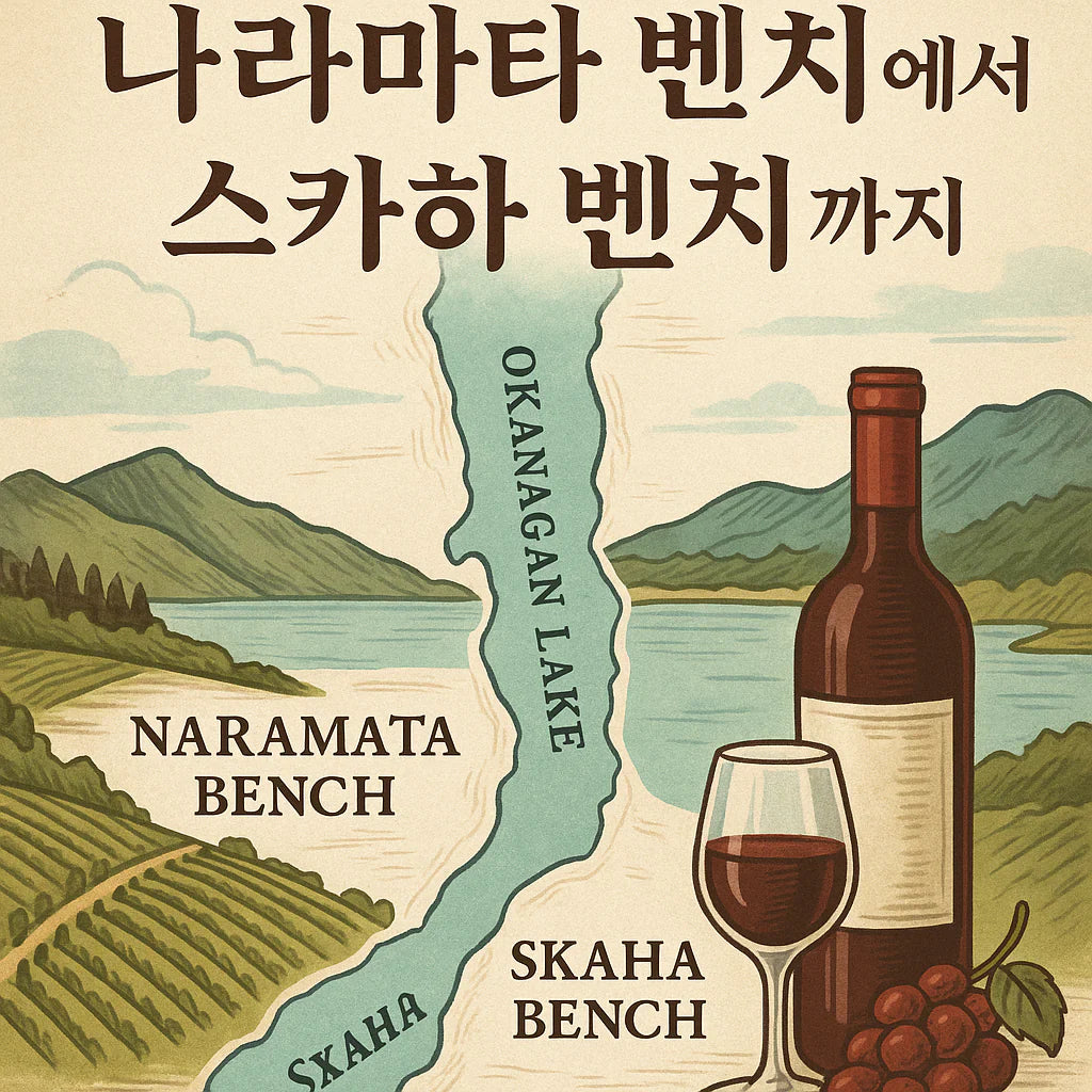 캐나다 오카나간 밸리 펜틱턴 나라마타 벤치와 스카하 벤치 와인 산지 지도와 와인 일러스트