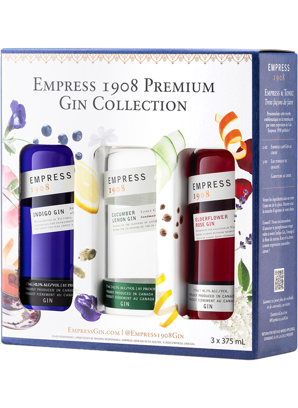 엠프레스 1908 프리미엄 진 컬렉션 3 x 375ml 세트 패키지 - 인디고·큐컴버 레몬·엘더플라워 로즈 캐나다 진