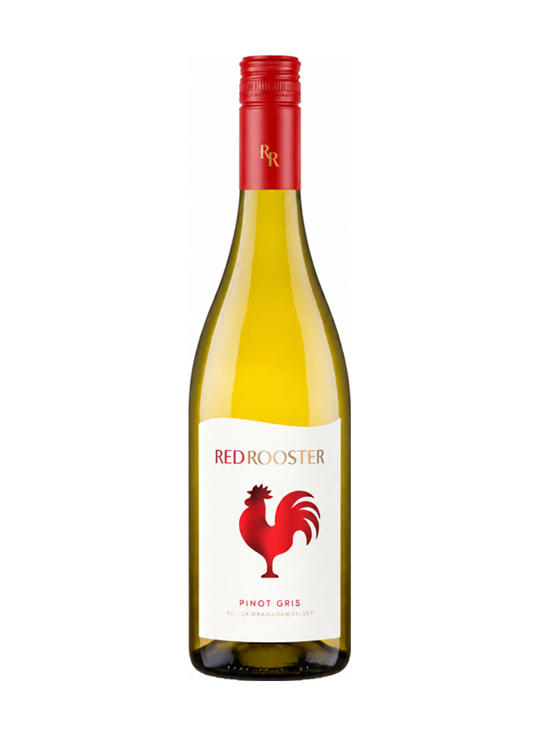 Red Rooster Pinot Gris 2025 캐나다 BC 드라이 화이트 와인 750ml 병과 수탉 라벨