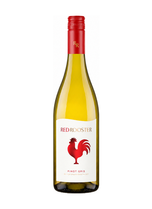 Red Rooster Pinot Gris 2025 캐나다 BC 드라이 화이트 와인 750ml 병과 수탉 라벨