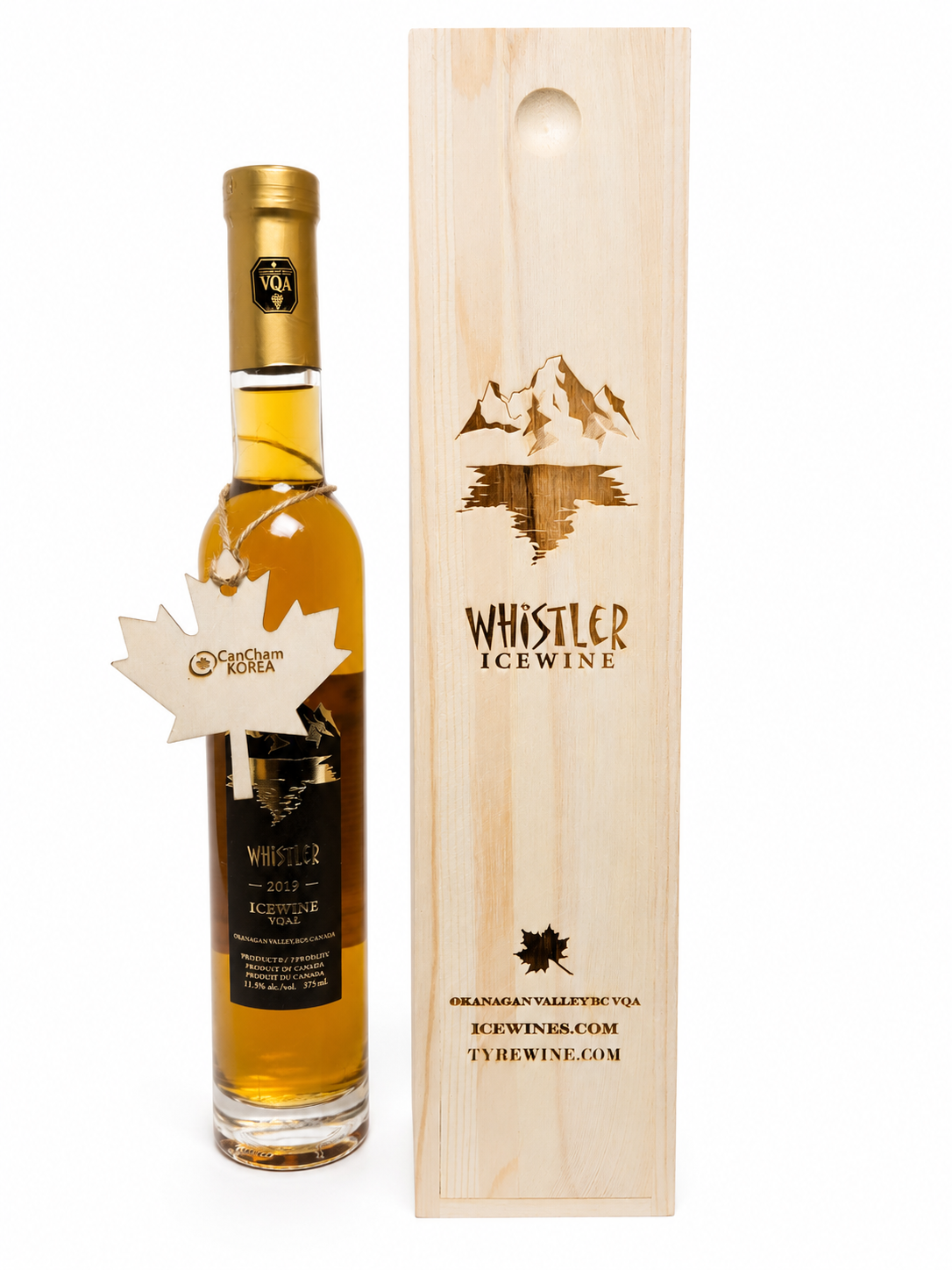 Premium Canadian Icewine corporate gift featuring Whistler Icewine, custom CanCham Korea maple leaf tag, and engraved wooden presentation box